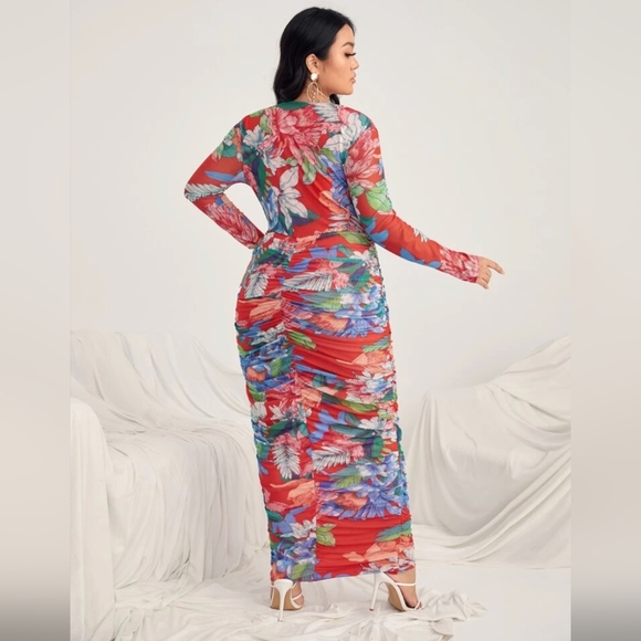 NWOT Red Floral Mesh, Fully Ruched Maxi Dress 3X - Picture 2 of 9